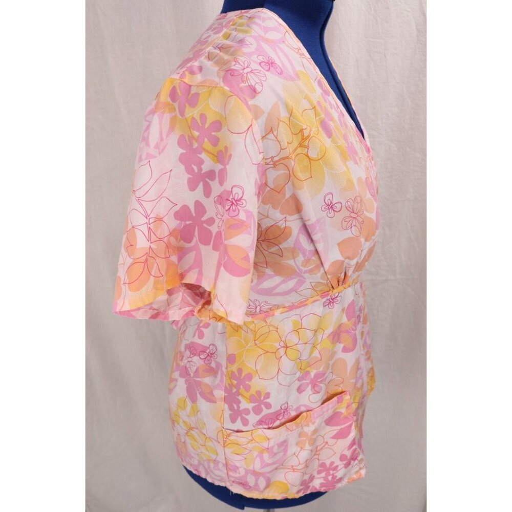 Landau Women's XL Medical Uniform Scrub Top Pink Orange Floral Tie Back VTG - Picture 9 of 12
